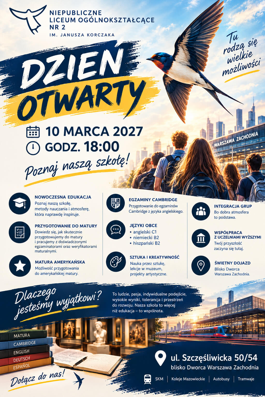 Plakat: Dzień Otwarty 10 marca 2027, godz. 18:00 - Niepubliczne LO nr 2 im. Janusza Korczaka w Warszawie